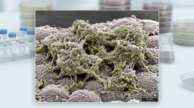 Stenotrophomonas maltophilia colonizing respiratory surfaces with complex biofilm formation, opportunistic gram negative bacterium and multidrug resistant infection concept, detailed microbiology