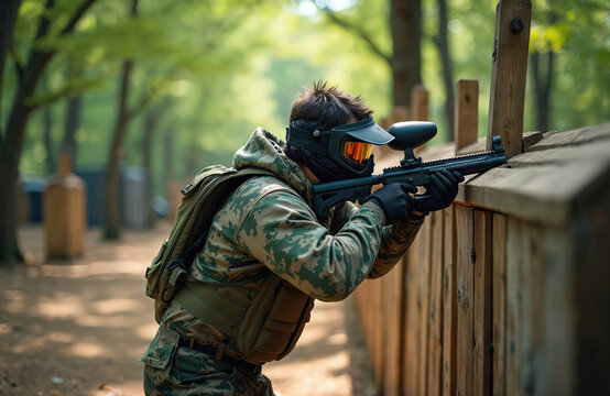 Man wears camouflage uniform and mask aims paintball gun. Player hides behind wooden barrier in outdoor forest arena. He prepares for tactical combat game.