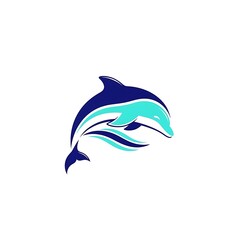 Obraz premium Stylized blue dolphin logo jumping with waves on a white background