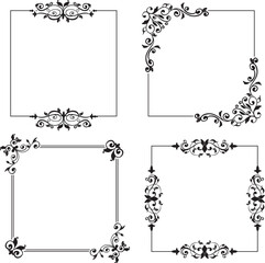 Vintage set of ornate floral frames and decorative design elements featuring black vector scrolls, wedding ornaments, and leaf pattern borders in a classic silhouette style © ARIEN