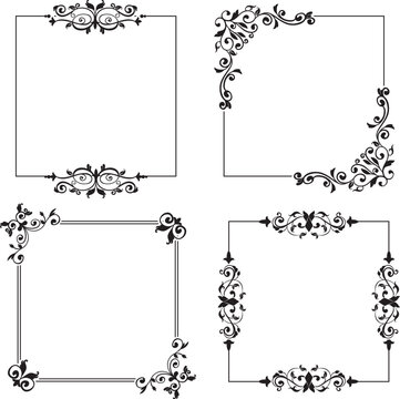 Vintage set of ornate floral frames and decorative design elements featuring black vector scrolls, wedding ornaments, and leaf pattern borders in a classic silhouette style