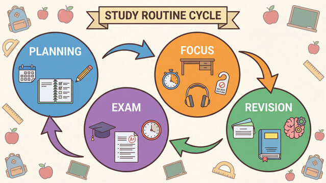 Student study routine cycle covering planning focus revision and exam stages for academic performance improvement learning habit building concentration and educational achievement