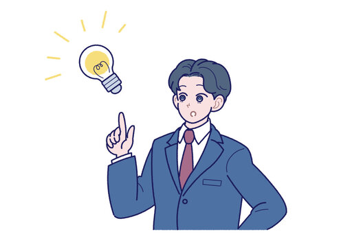 いいアイデアが浮かんだスーツ姿の若い男性のイラスト
