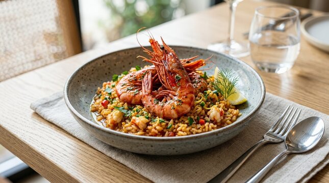 Flavorful simmered rice paired with red prawns, appetizing food presentation, fresh ingredient detail, soft natural light, realistic detail, balanced composition, premium commercial stock aesthetic,
