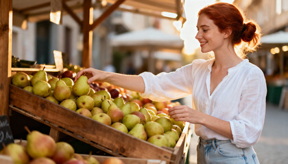 Obraz premium Young woman buying fresh pears at a local farmers market. Smiling redhead female customer selecting organic fruit from a wooden crate outdoors. Healthy lifestyle concept