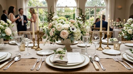 Fototapeta premium Wedding reception setup featuring fine silverware and dinnerware with artistic floral touches, soft natural light, realistic detail, balanced composition, premium commercial stock aesthetic, crisp