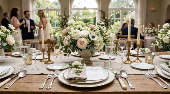 Wedding reception setup featuring fine silverware and dinnerware with artistic floral touches, soft natural light, realistic detail, balanced composition, premium commercial stock aesthetic, crisp