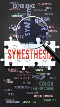 Synesthesia under magnifying glass, being researched, studied and examined. Most important subjects and ideas related to synesthesia written around a puzzle to symbolize complexity of synesthesia.