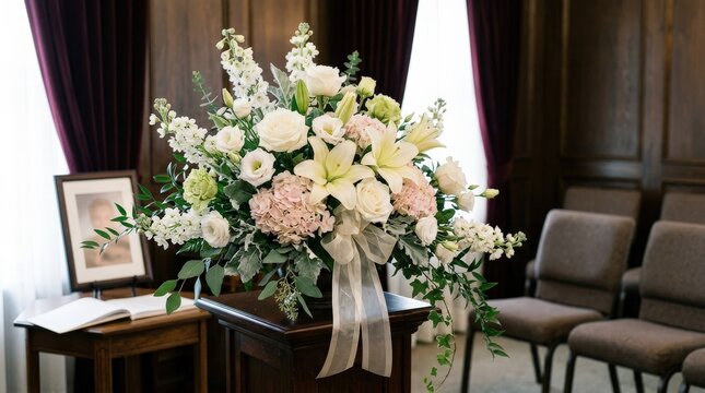 Elegant floral arrangement for a funeral service in a mortuary setting, respectful sympathy composition for remembrance, memorial and condolence themes, soft blossoms and solemn styling in a calm