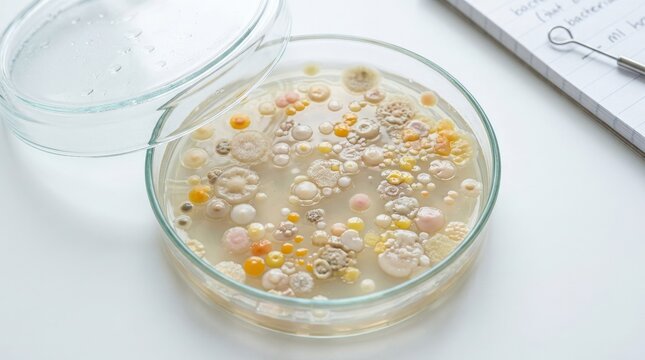 Microbial colony formation in a petri dish on a white background, laboratory science concept for research, biology and healthcare themes, detailed circular culture growth in a clean clinical
