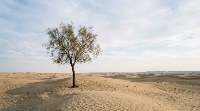 Single tamarisk tree on a gently rolling desert sand dune, minimal arid landscape concept for nature, travel and solitude themes, delicate branches against open sand and sky, soft daylight, realistic