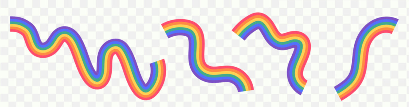 Set of wavy rainbow ribbons and pride month design elements isolated on transparent background for lgbtq celebration, diversity, inclusive event banners. Modern abstract graphic vector illustration.
