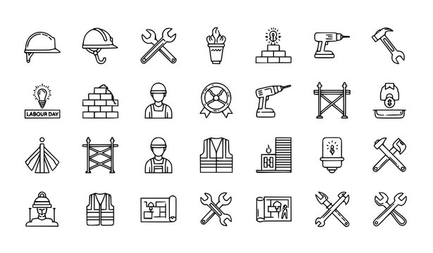 Labor and construction outline icon set with renovation tools and worker symbols in clean vector illustration