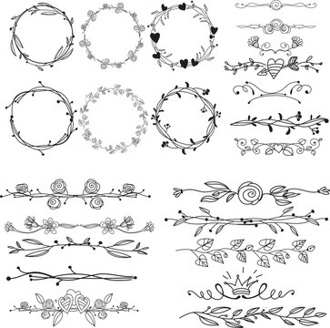 Set of vintage decorative design elements featuring floral vector frames and calligraphic scroll ornaments with ornate black victorian swirls and floral pattern borders for art vignettes