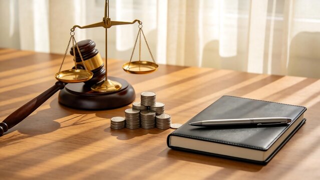 Judges scale coins notebook and pen