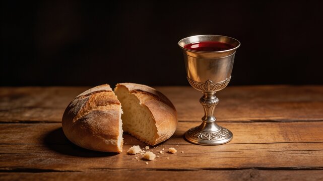 Broken loaf of bread beside silver chalice filled with red wine on rustic wooden table. Christian eucharist and holy communion sacrament. Religious faith symbol for spiritual observance and tradition