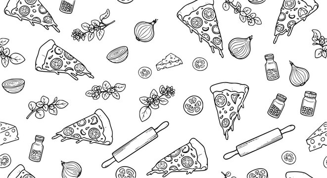Pizza slice doodle seamless pattern with kitchen ingredients monochrome food vector background