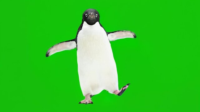 penguin dancing on a green screen background for vfx projects