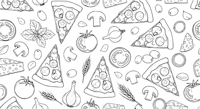 Vintage sketch pizza slices seamless pattern with Italian ingredients monochrome doodle food vector background