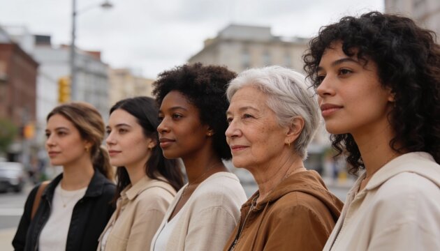 Diverse group of women standing in a row on a city street. Multiethnic females of different ages looking forward together. Concept of unity, inclusion and female empowerment