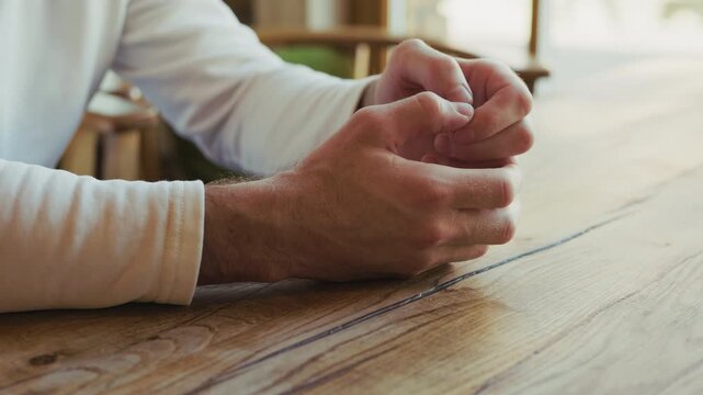 A person nervously cracking fingers while waiting sitting at the table