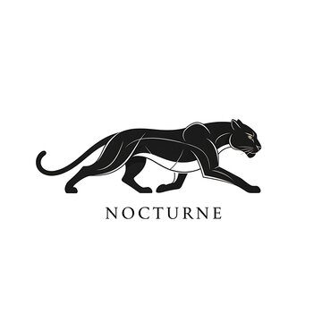 Stylized black panther illustration with yellow eyes crouching on a white background and the word Nocturne