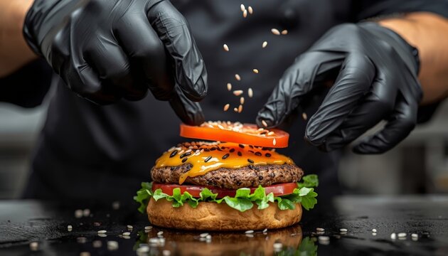 There is a person in black gloves putting toppings on a hamburger