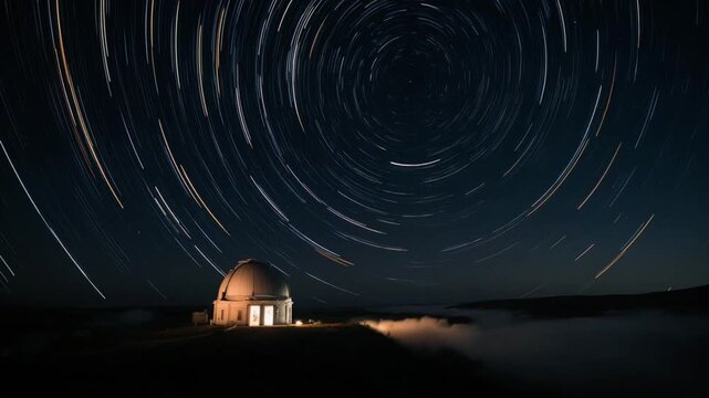 天文台と星の軌跡・宇宙を見つめる観測所の夜
