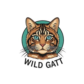 Stylized brown tabby cat head illustration with blue eyes and Wild Gatt text