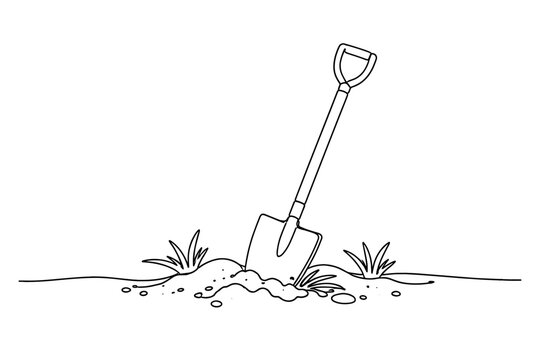 Minimalist One Continuous Line Art Illustration of a Shovel Digging into the Earth for Gardening, Landscaping, or Construction Work, Simple Hand Drawn Vector Sketch of Garden Tool in the Ground