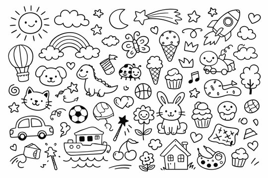 Set of Playful Kids Doodle Elements with Cute Icons and Shapes. Monochrome Hand Drawn Line Art Vector Illustration Featuring Sun, Animals, Food, Transport, and Nature for Coloring Book Design.