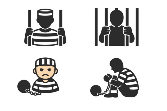 Assorted Detainee and Convict Graphics in Varied Designs Showcasing Prisoners Imprisoned and Shackled for Legal Systems, Criminology, and Penal Concept Visualization. Vector Set.