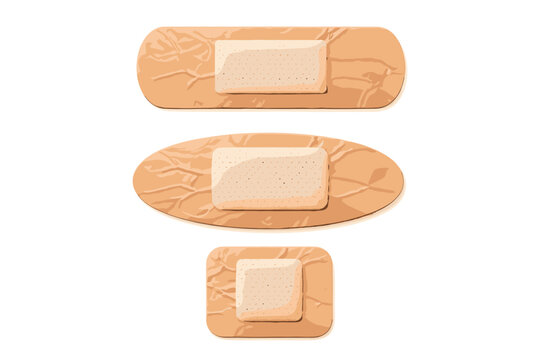 Set of Realistic Wrinkled Medical Plasters and First Aid Creased Bandages. Adhesive Band, Medicine Patch, and 3D Bandaid Vector Illustration. Flesh Colored Wound Care Strips on White Background.