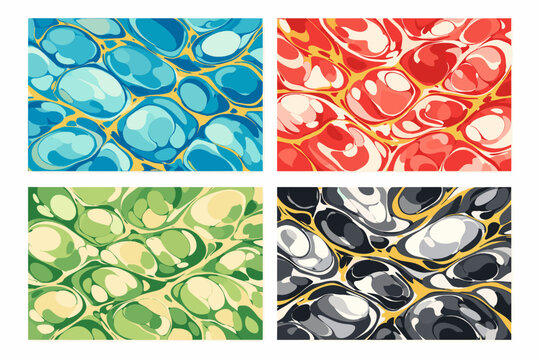 Set of Four Hand Drawn Artistic Marbling Ink Textures, Traditional Turkish Ebru Style Vector Illustrations for Invitation Backgrounds, Abstract Liquid Swirl Patterns in Blue, Red, Green, and Black