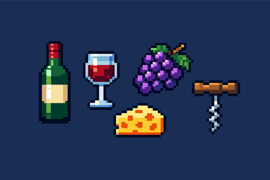 Pixel Art Wine Set Featuring a Green Bottle, Glass of Red Wine, Purple Grapes, Swiss Cheese, and a Corkscrew in a Retro 8-bit Video Game Style, Isolated Vector Icons for Gaming, Web, and UI Design.
