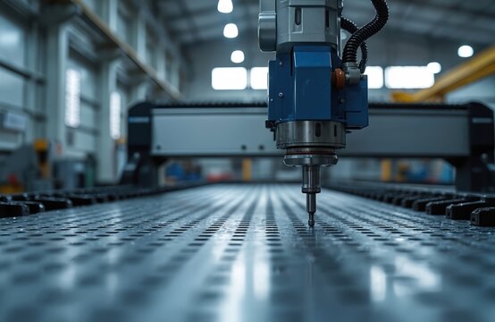 CNC machine works on metal sheet in factory. Automated tool creates holes with precision in steel surface. Modern industrial manufacturing process for metal products.