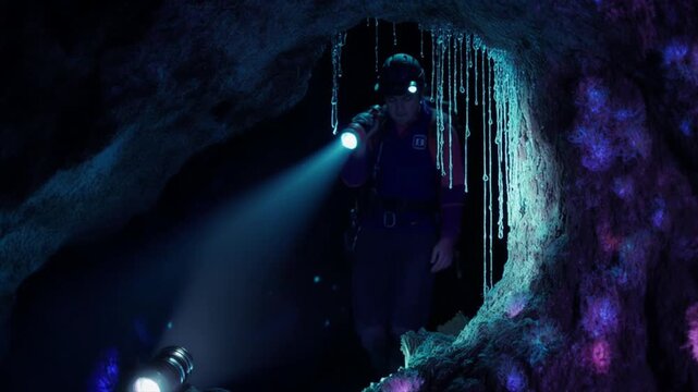 洞窟探検家視点・ヘッドランプが照らす燐光発光洞窟のFPV映像