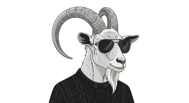 Cool goat character with long curved horns wearing stylish sunglasses and a black cable-knit sweater in a detailed illustration.