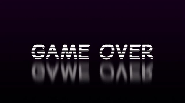 Retro Game Over text animation with digital glitch distortion and VHS scanline effects on a dark background with reflection for gaming and streaming content