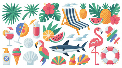 A colorful vector graphic illustration of various summer icons and objects on transparent background © AZIFA