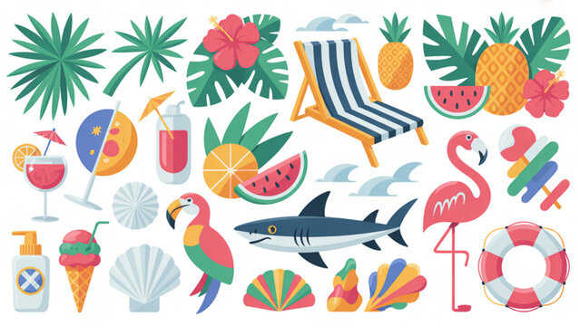 A colorful vector graphic illustration of various summer icons and objects on transparent background