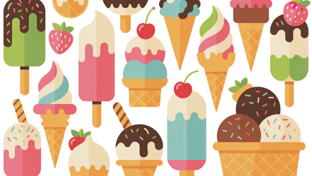 A colorful illustration of various ice cream cones and popsicles on transparent background