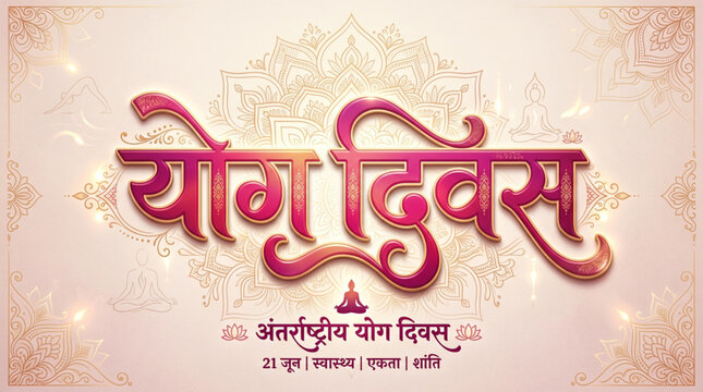 Yoga divas hindi calligraphy typography with decorative traditional style and meditation symbol representing cultural wellness awareness banner for international celebration