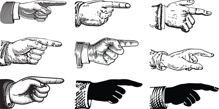 Vintage pointing hands engraving style vector set. Hand drawn direction symbols collection.