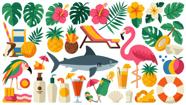 A vibrant vector graphic illustration of various summer icons and symbols on transparent background