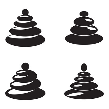 Four black silhouettes of zen stones stacked in different ways on white background for meditation and relaxation concepts  zen stones