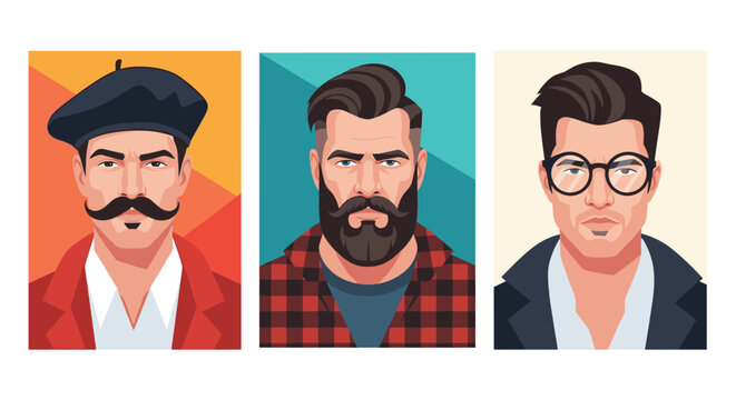 Collection of three stylish male portraits with different beard styles, glasses, and hats on colorful backgrounds.
