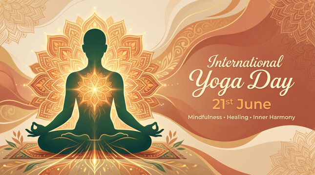 Spiritual meditation silhouette with glowing heart chakra energy and mandala background inspired by international yoga day wellness concept for poster design