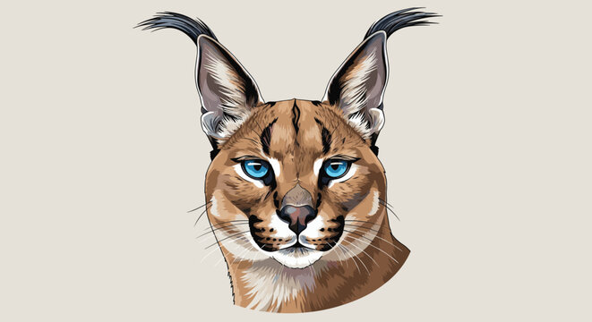 Realistic portrait illustration of a caracal wild cat with beautiful blue eyes and tufted ears on a plain background.
