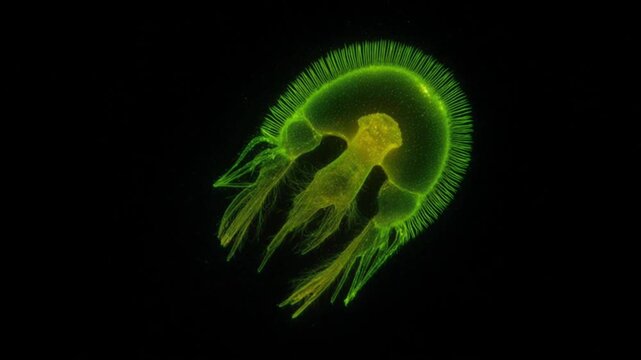 発光プランクトンのマクロ映像：単一生命体が放つ緑金色の生物発光